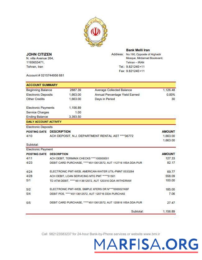 Realistic Iran Melli bank statement excel download for verification